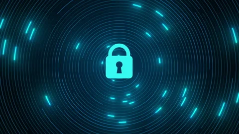 Digital security padlock with rotating circles on black background Stock Footage 347929221