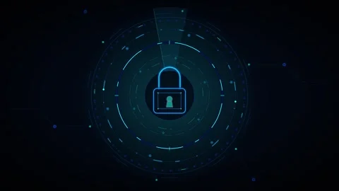Digital security padlock with rotating hud interface for cyber protection c.. Stock Footage 337560304