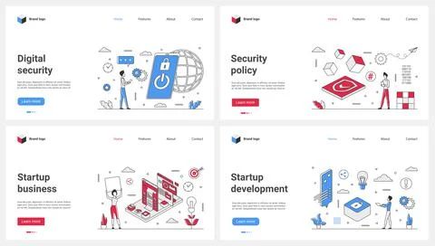 Digital security policy, digital startup development set, tiny people protect Stock Illustration