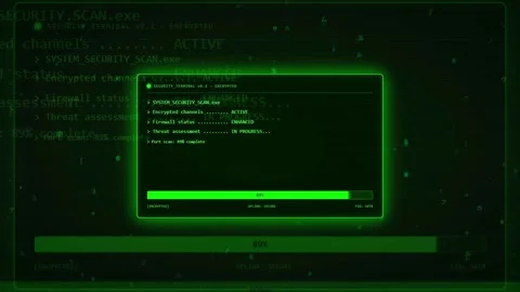 Digital security scan interface with green matrix code and loading progress bar Stock Footage 336777841