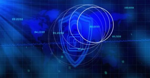 Digital security shield and data encryption image over world map background Stock Illustration