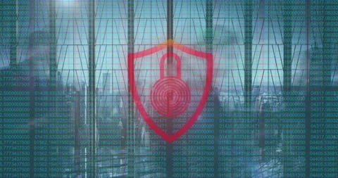 Digital security shield and lock animation over binary code and cityscape Stock Footage 306267491
