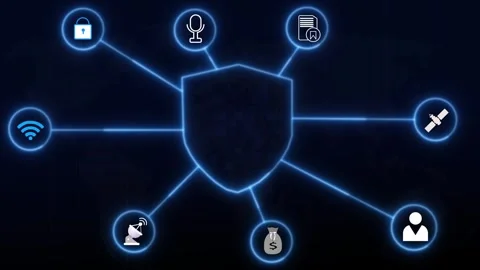 Digital security shield connected to various tech icons over map. Global cy.. Stock Footage 337023114