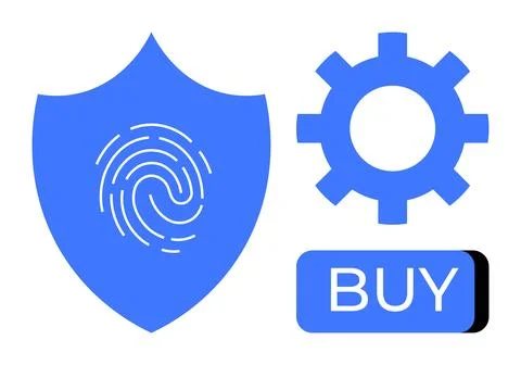 Digital security shield with fingerprint, gear icon, and buy button. Ideal fo Illustrazione stock