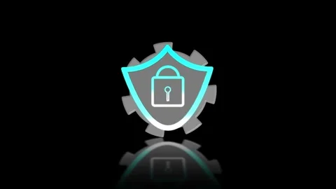 Digital Security Shield with Gear and Lock Icon on Reflective Surface image.. Stock Footage 337363260
