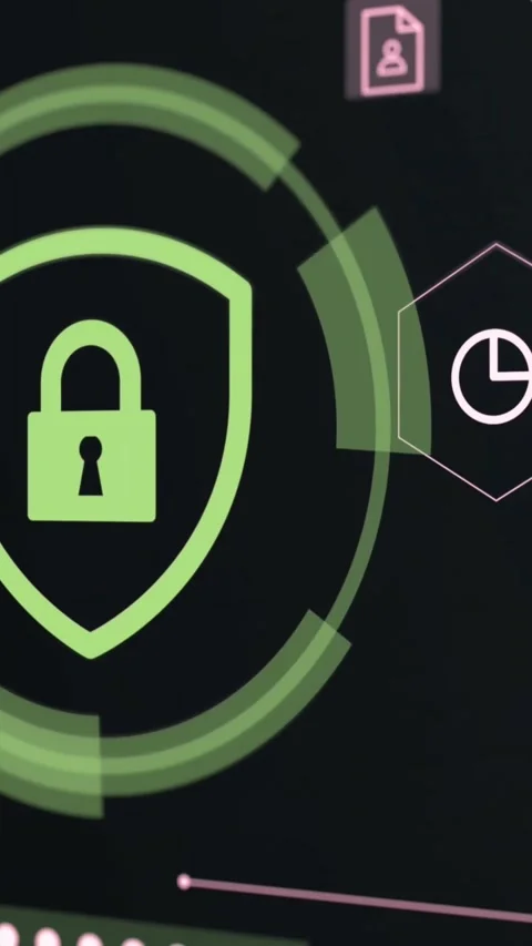 Digital security shield with glowing lock icon. Cyber protection network Video stock 339638227