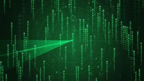 Digital security shield icon with falling green matrix code on dark Vidéo 343162446