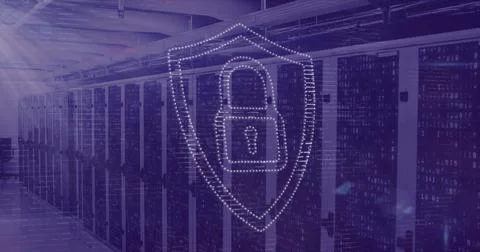 Digital security shield image over server racks in data center Stock Photos