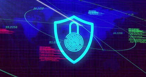 Digital security shield with lock icon over world map and data animation Stock Footage 304095478