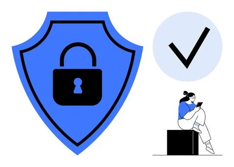Digital Security with Shield Lock Icon, Checkmark, and Person Using Tablet Stock Illustration