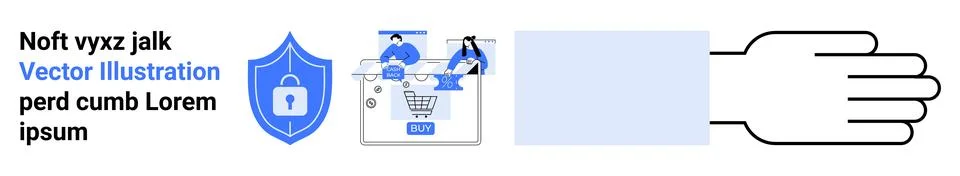 Digital security shield with a lock icon, online shopping elements, a blank c Stock Illustration