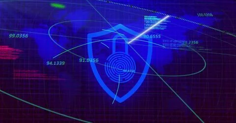 Digital security shield with lock icon over world map and data image イラスト素材