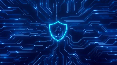 Digital security shield protection visual cyan lock icon, glowing circuit lines, Stock Footage 340525406