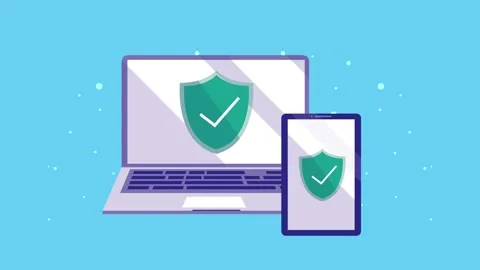Digital security shield symbol appearing on laptop and smartphone screen fo.. Stock Footage 338314761