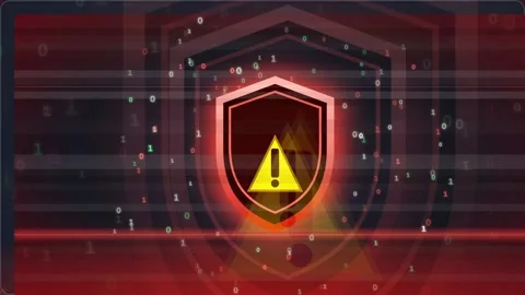 Digital security shield with warning alert and data breach notifications on a Stock Footage 341821852