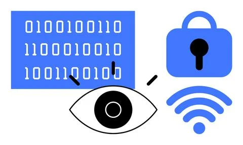 Digital Security Symbols Featuring Binary Code Padlock Eye and Network Signal Stock Illustration
