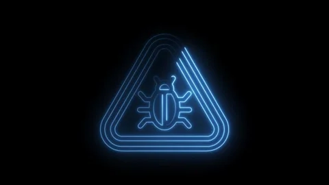Digital security threat neon sign depicting a bug in a warning triangle on .. Video stock 346008253