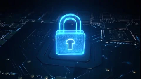 Digital security of virtual lock icon on circuit board. Concept of finance data Video stock 312902325