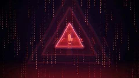 Digital Security Warning with Red Alert Triangle and Skull Icon on Binary Code Video stock 343172072