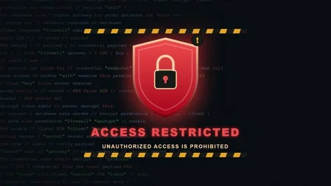 Digital security warning screen with access restricted alert and red lock icon Stock Footage 345766411