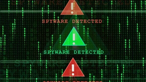 Digital Security Warning Screen with Spyware Detected Alerts and Binary Code Video stock 343171476