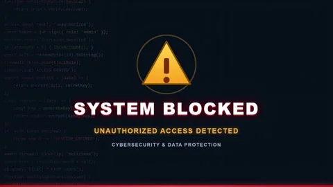 Digital Security Warning Screen with System Blocked Alert and Scrolling Stock Footage 345766042
