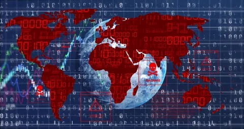 Digital security warnings and binary code animation overlaying world map Stock Footage 305058833