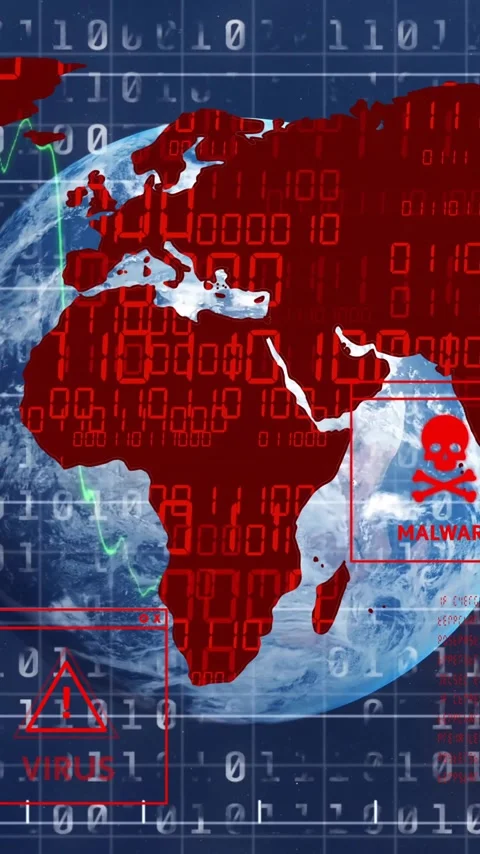 Digital security warnings and binary code animation overlaying world map Stock Footage 319618313