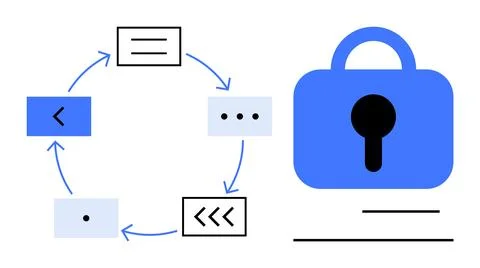 Digital Security Workflow with Lock and Circular Process Arrows Diagram Stock Illustration