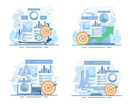 Digital SEO set, web analytics, social media strategy, website performance. Stock Illustration
