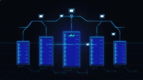 Digital server network animation blue glowing data hub cyber tech loop Stock Footage 346544308
