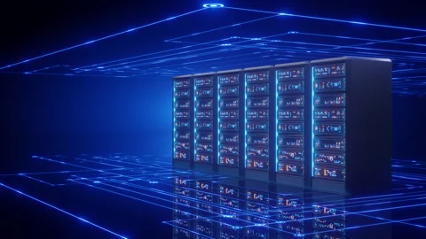 Digital Server Racks in Data Center with Glowing Network Lines for Cloud Stock Footage 338191385