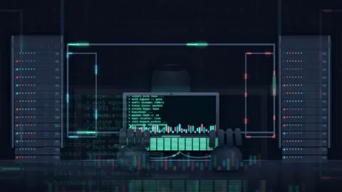 Digital server room with holographic data displays and flashing lights for Stock Footage 341831217