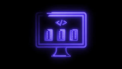 Digital servers with coding on computer screen neon glow animation loop Video stock 308903296