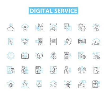 Digital service linear icons set. Online, Virtual, Connected, Social, Automated Stock Illustration