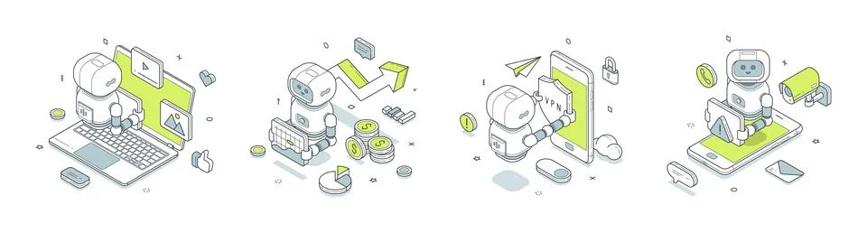 Digital services automation isometric vector illustration. Robot manages cont Stock Illustration