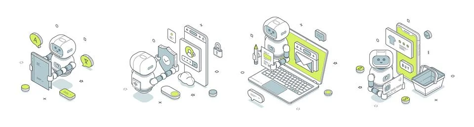 Digital services automation isometric vector illustration. Robot translates,  Stock Illustration