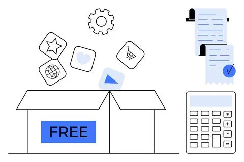 Digital Services Concept with Free Box, Shopping Icons, Calculator and Receip Stock Illustration
