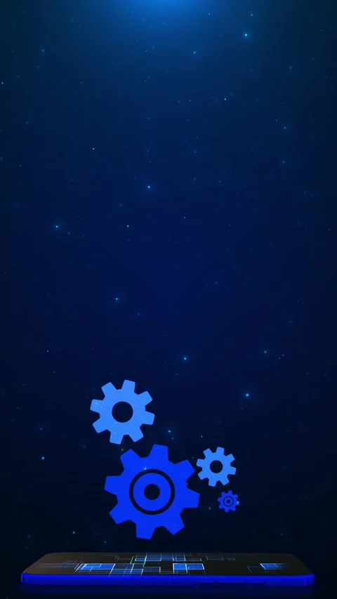 Digital settings gear concept blue cog symbols rising mobile device, particles Stock Footage 340456200