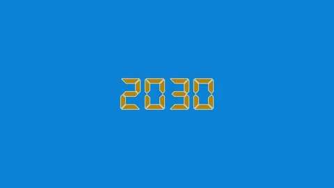 Digital seven segment 2030 text on blue background 4k video with 25fps Stock Footage 345429155