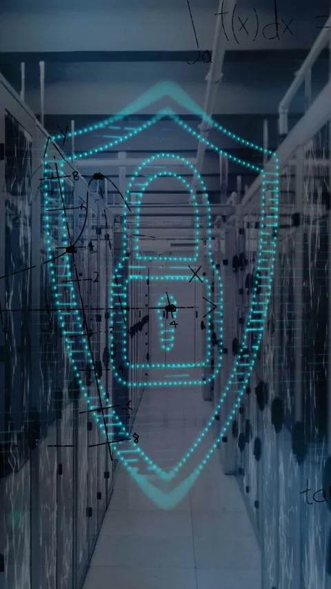 Digital shield and lock icon over data servers in secure server room Stock Footage 342511137