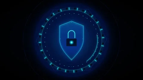 Digital shield and padlock with glowing blue neon lines on a dark backgroun.. 動画素材 335826584