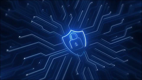 Digital shield data protection background lock symbol, blue circuit paths, glowi Stock Footage 340564973