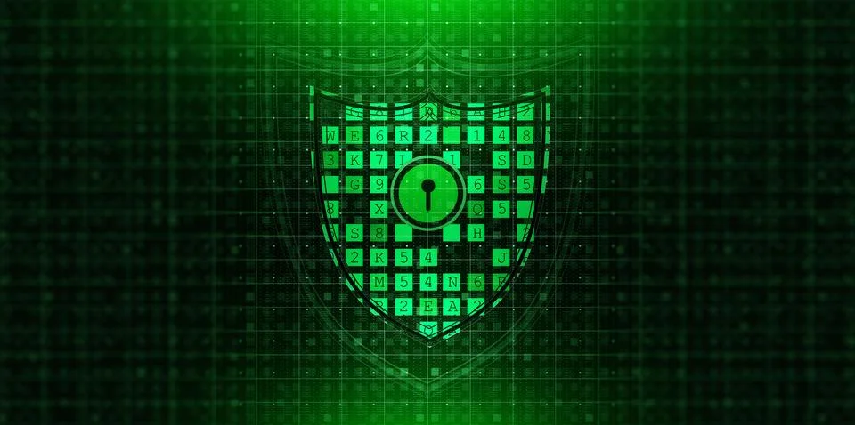 Digital shield with encryption code and cybersecurity lock icon on green ma.. Illustrazione stock