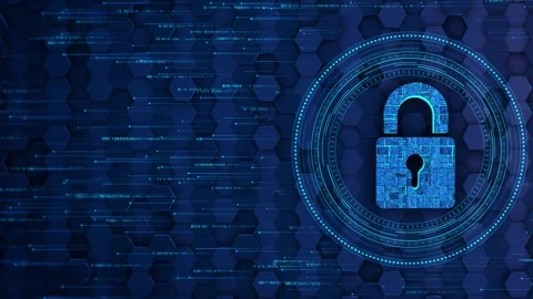 Digital shield firewall data security padlock central computer processor and Video stock 292904714