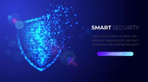 Digital shield formed from points of light. Blue glowing particle shield Illustrazione stock