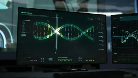 Digital Shield Goes Through DNA Strand And Gathers Data In Modern Software Stock Footage 157848513
