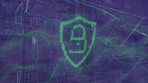 Digital shield icon with binary code and data processing animation in background Stock Footage 304840585