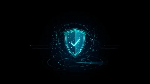 Digital shield icon with checkmark rotating in cyber security HUD animation.. Stock-Footage 346280463