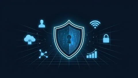 Digital shield icon with cyber security symbols and data connections on a d.. Stock Illustration
